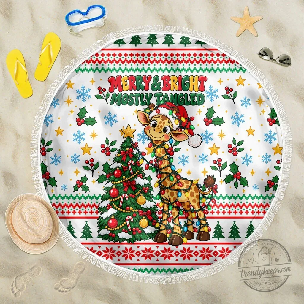 Merry and Bright Mostly Tangled Christmas Giraffe Lights Round Beach Blanket