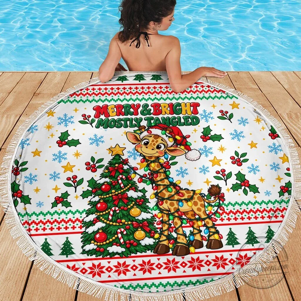 Merry and Bright Mostly Tangled Christmas Giraffe Lights Round Beach Blanket 7 Merry and Bright Mostly Tangled Christmas Giraffe Lights Round Beach Blanket