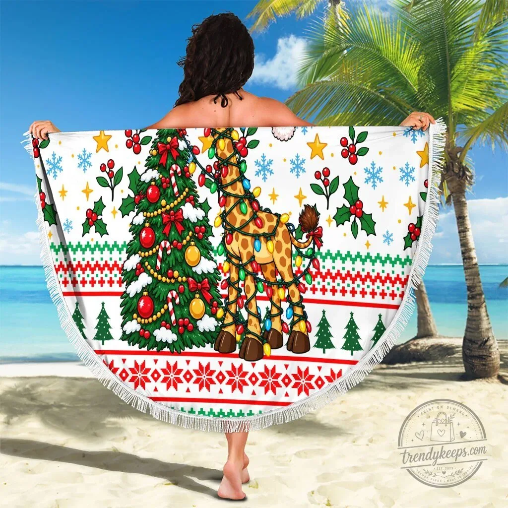 Merry and Bright Mostly Tangled Christmas Giraffe Lights Round Beach Blanket 8 Merry and Bright Mostly Tangled Christmas Giraffe Lights Round Beach Blanket