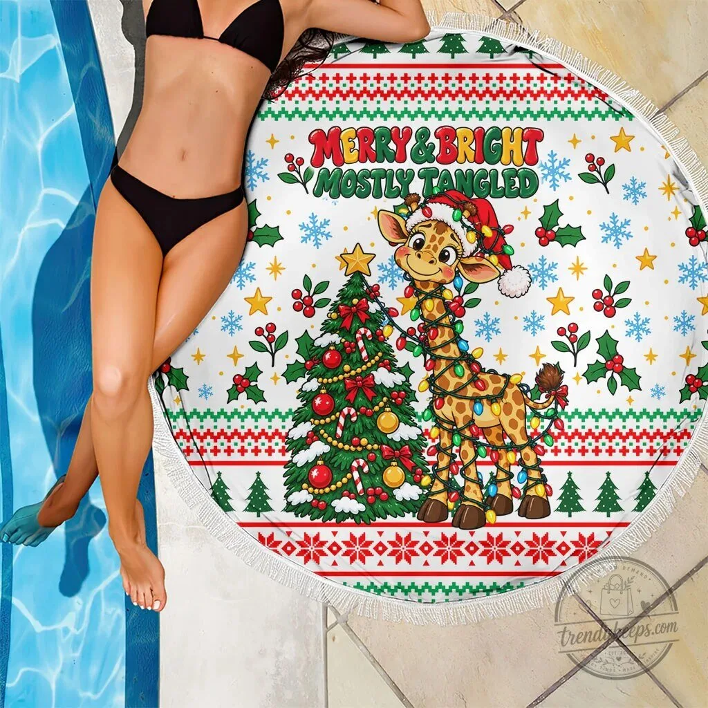 Merry and Bright Mostly Tangled Christmas Giraffe Lights Round Beach Blanket 9 Merry and Bright Mostly Tangled Christmas Giraffe Lights Round Beach Blanket