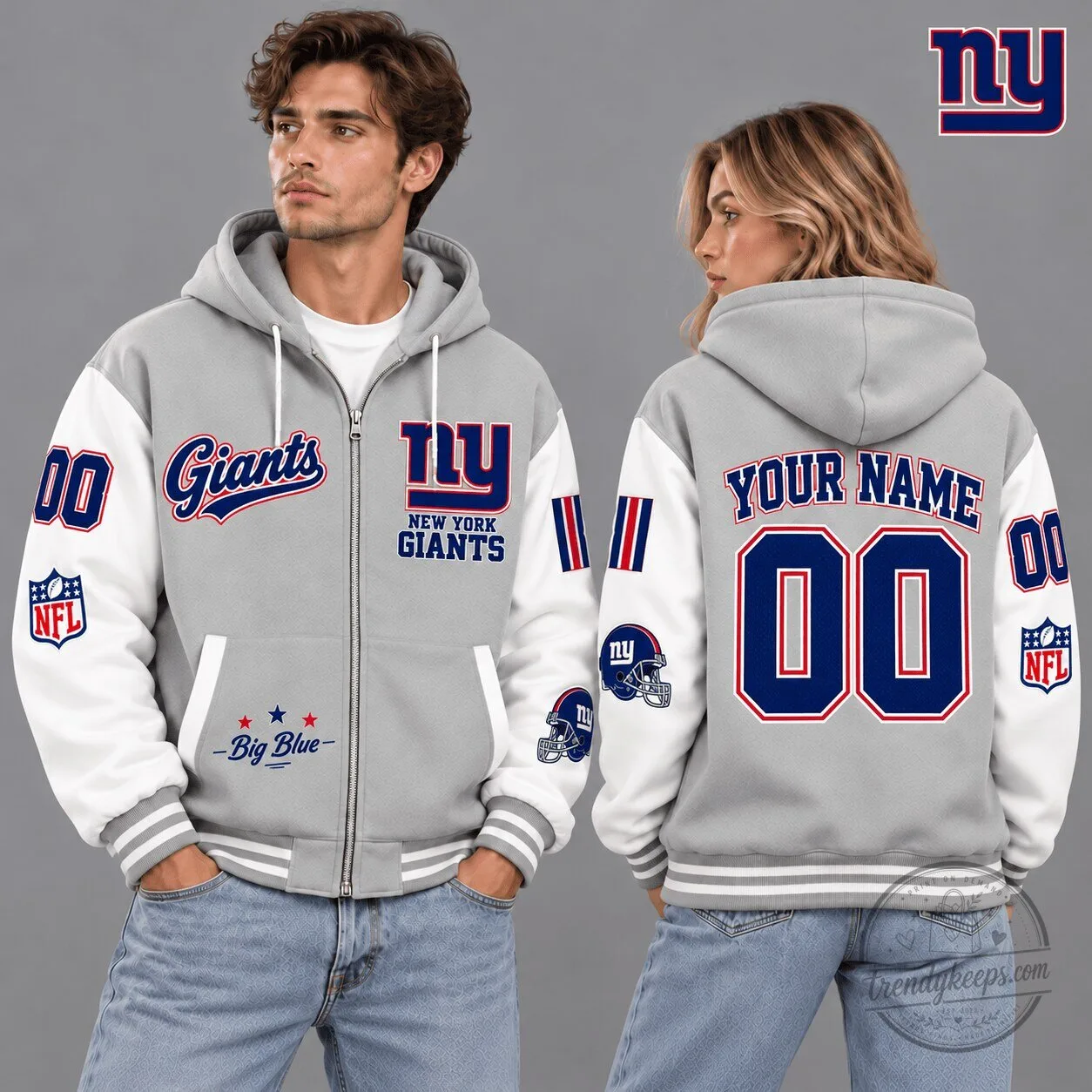New York Giants NFL Vintage Varsity Gray Custom Name Number Full-Zip Hoodie 1 New York Giants NFL Vintage Varsity Gray Custom Name Number Full-Zip Hoodie