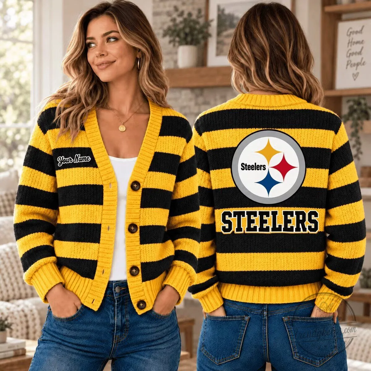 Pittsburgh Steelers Yellow and Black Striped Custom Name Knit Cardigan