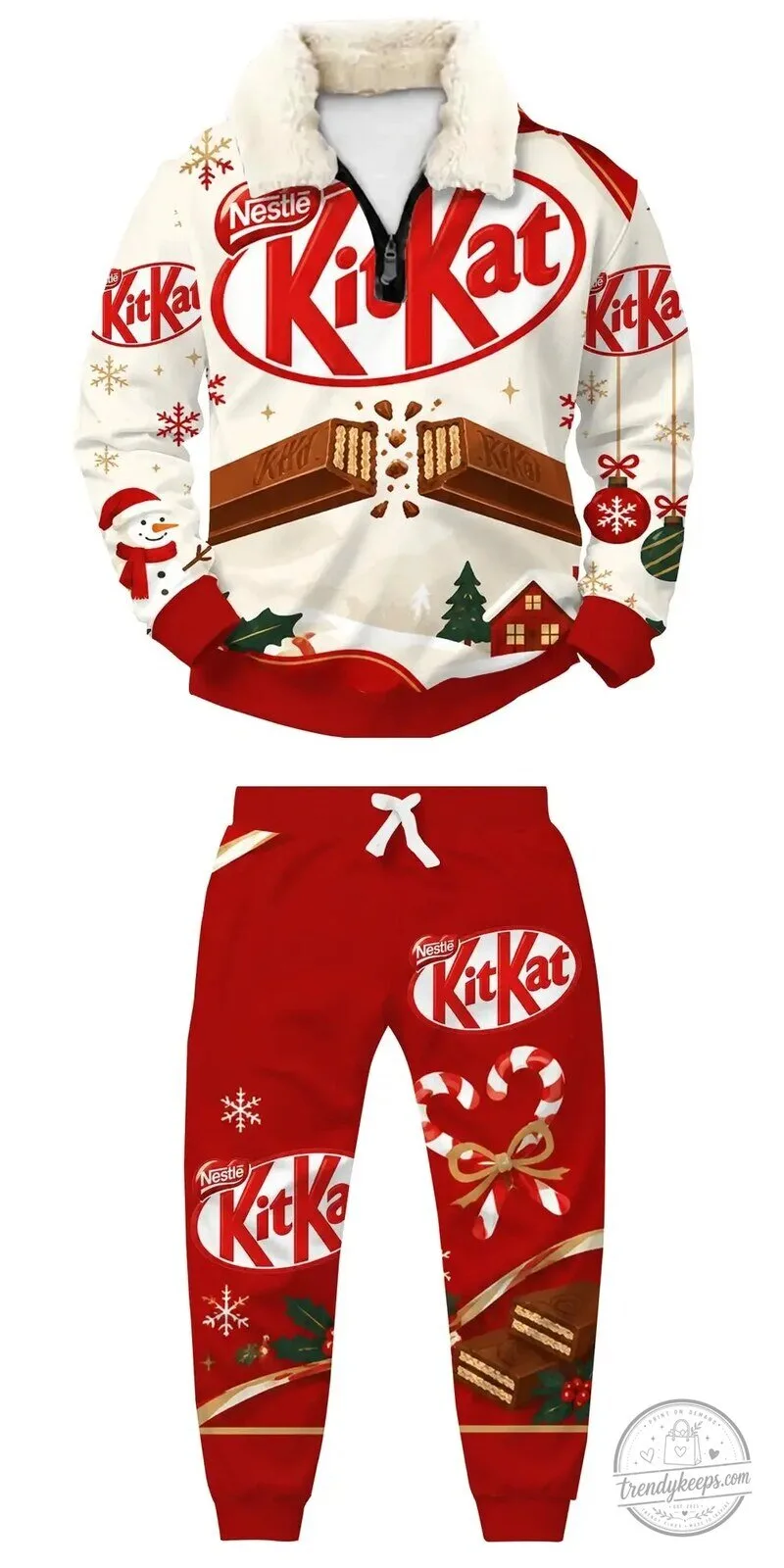 Kit Kat Christmas Holiday Quarter Zip Sweatshirt and Sweatpants Set