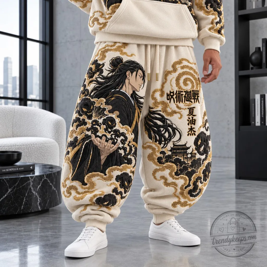 Jujutsu Kaisen Suguru Geto Anime Embroidered Cream Baggy Sweatpants Jujutsu Kaisen Suguru Geto Anime Embroidered Cream Baggy Sweatpants