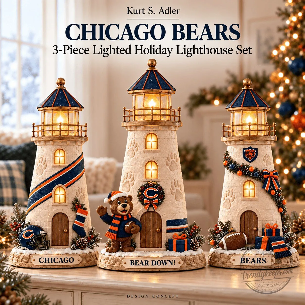 Chicago Bears NFL Football Lighted Holiday Lighthouse Set