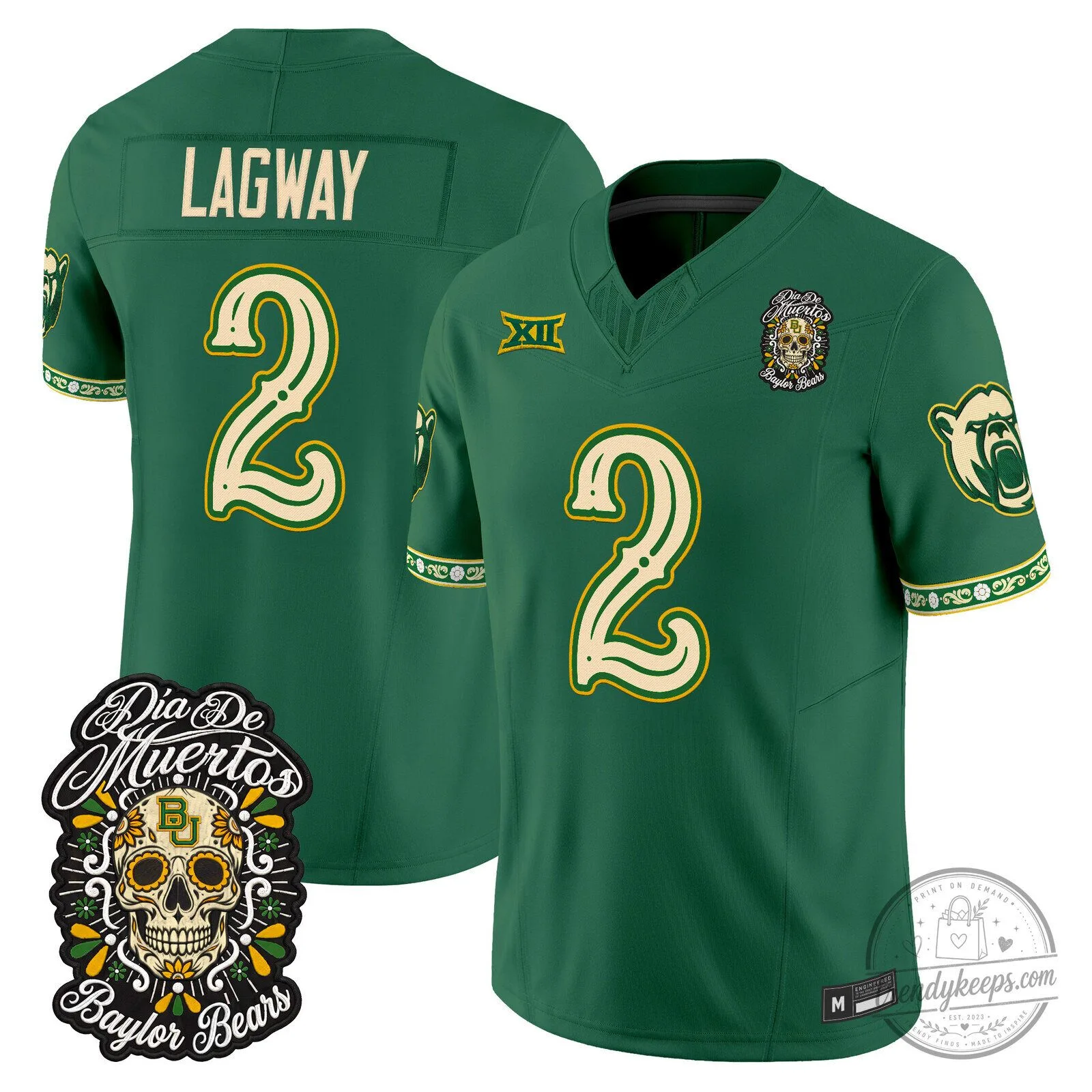 Baylor Bears Dia de los Muertos Football Jersey - Green Stitched Edition 1 Baylor Bears Dia de los Muertos Football Jersey - Green Stitched Edition