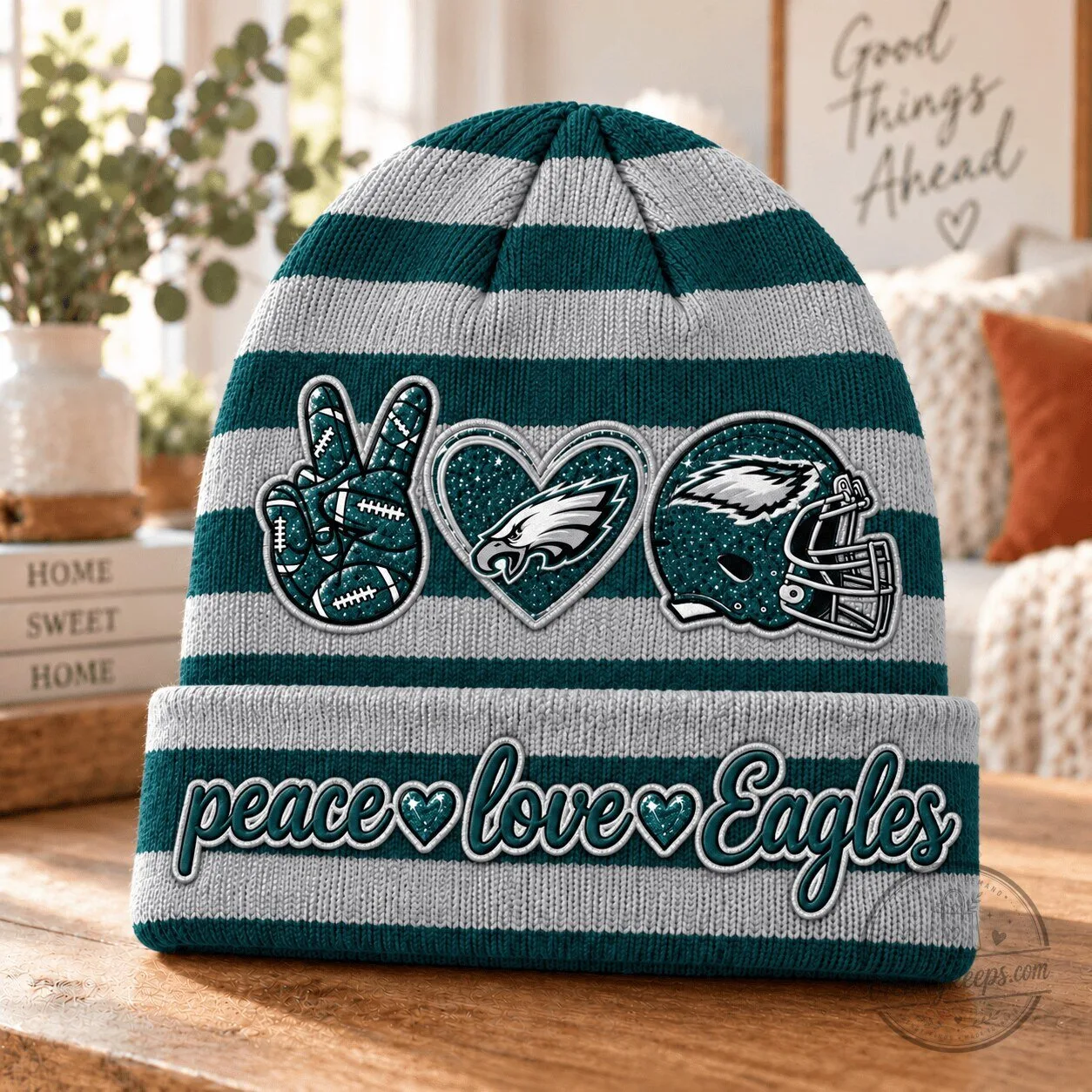 Philadelphia Eagles Peace Love Eagles Football Fan Striped Beanie Hat