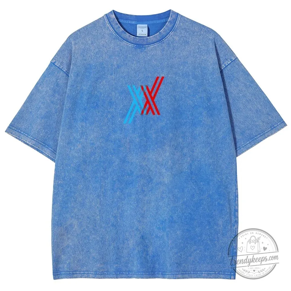 Washed Blue Short Sleeve T-Shirt featuring Darling in the Franxx Anime Logo 1 Washed Blue Short Sleeve T-Shirt featuring Darling in the Franxx Anime Logo