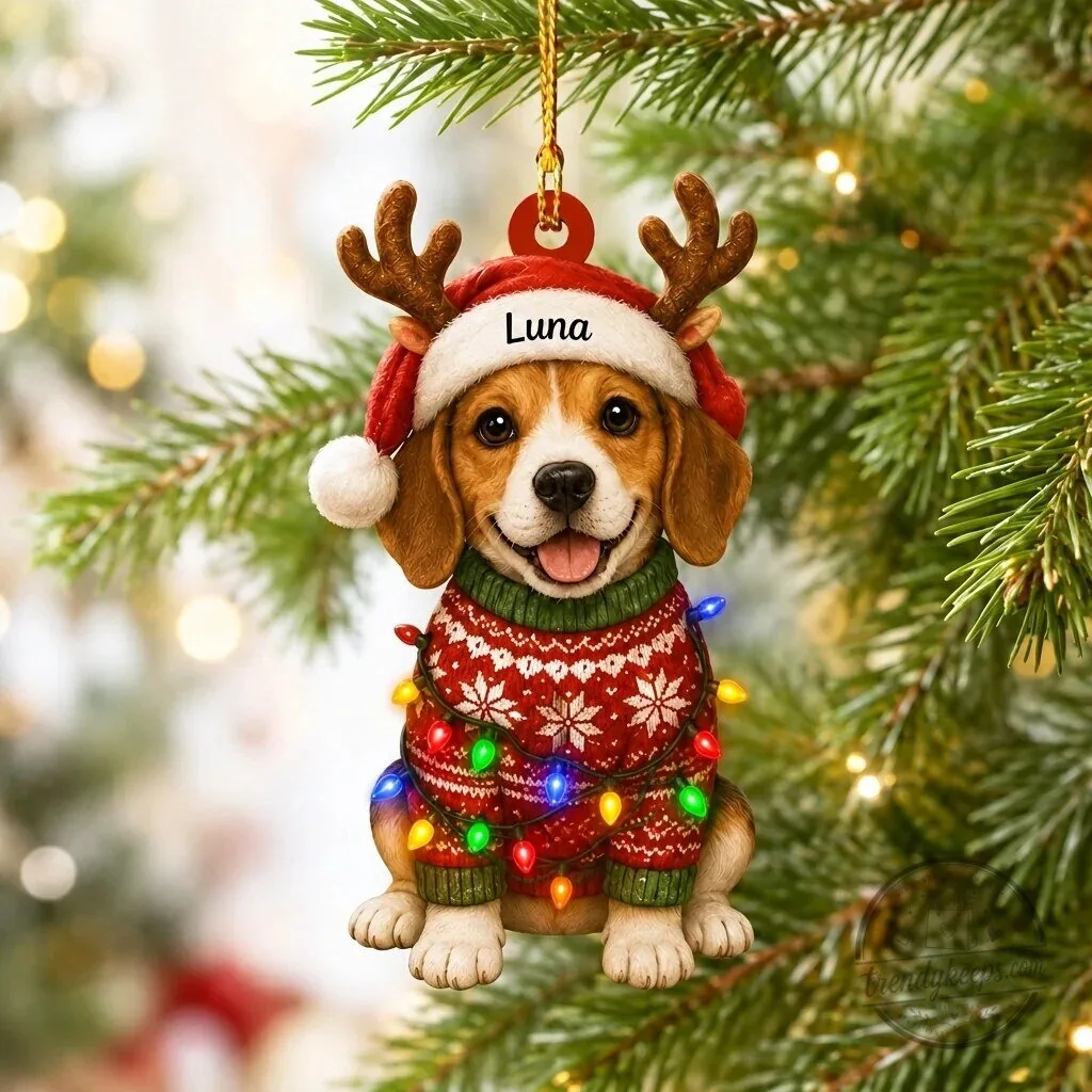 Personalized Beagle Dog Wearing Christmas Sweater and Reindeer Antlers Ornament
