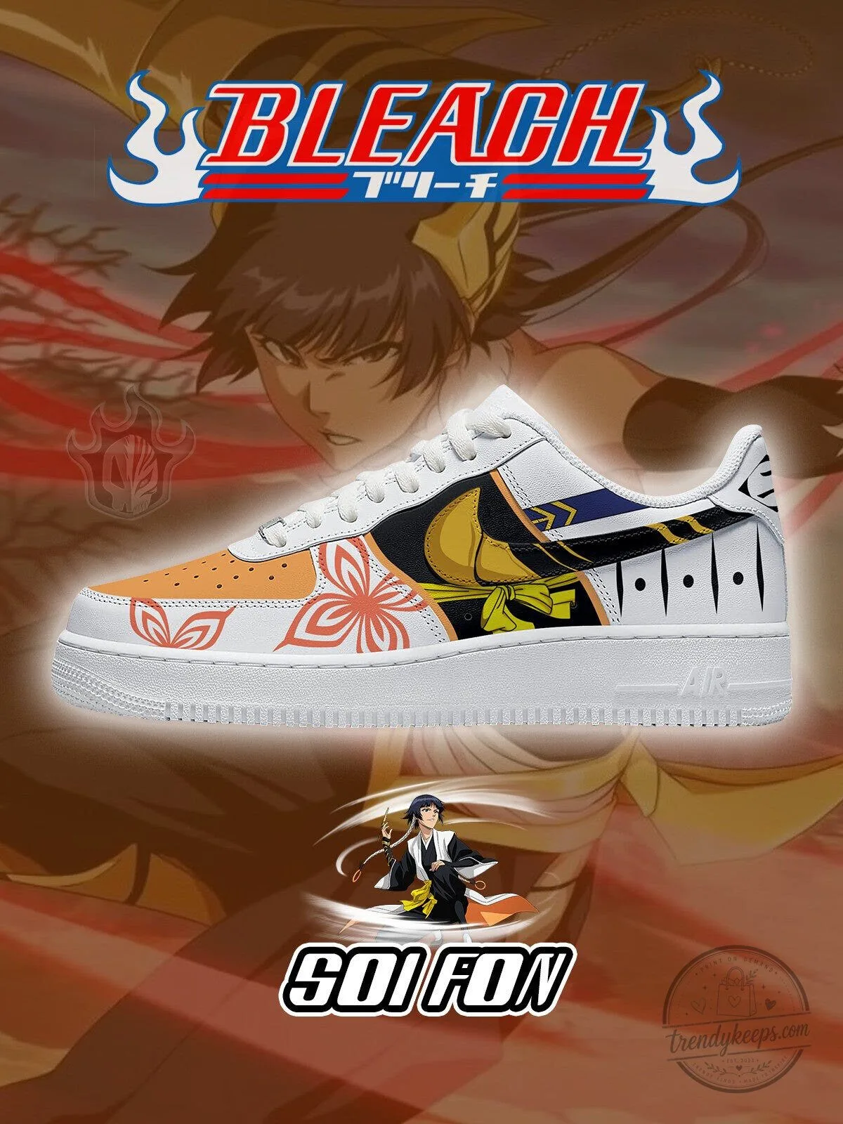 Bleach Soi Fon Anime Character Design White and Orange Custom Shoes
