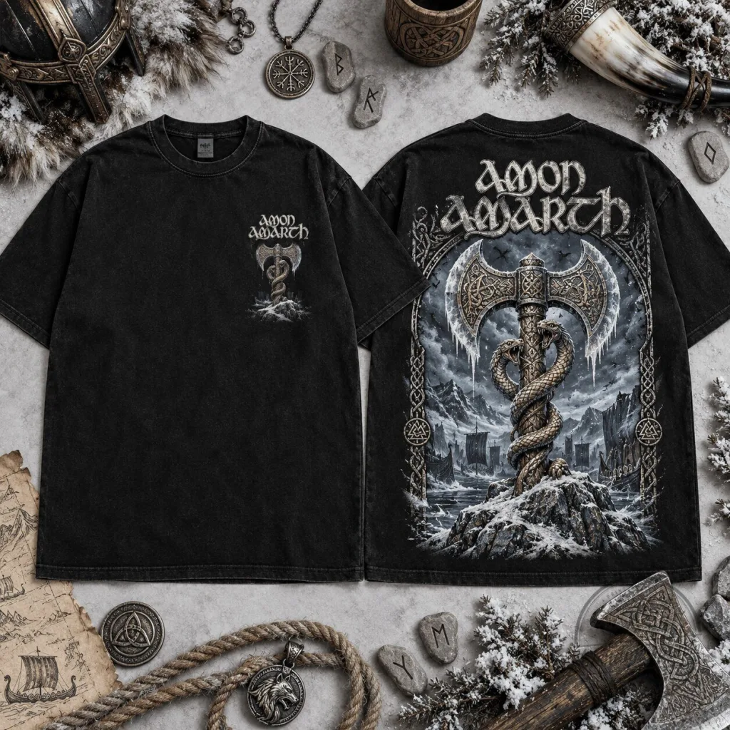 Amon Amarth Viking Battle Axe Twin Serpents Norse Mythology Black T-Shirt Amon Amarth Viking Battle Axe Twin Serpents Norse Mythology Black T-Shirt