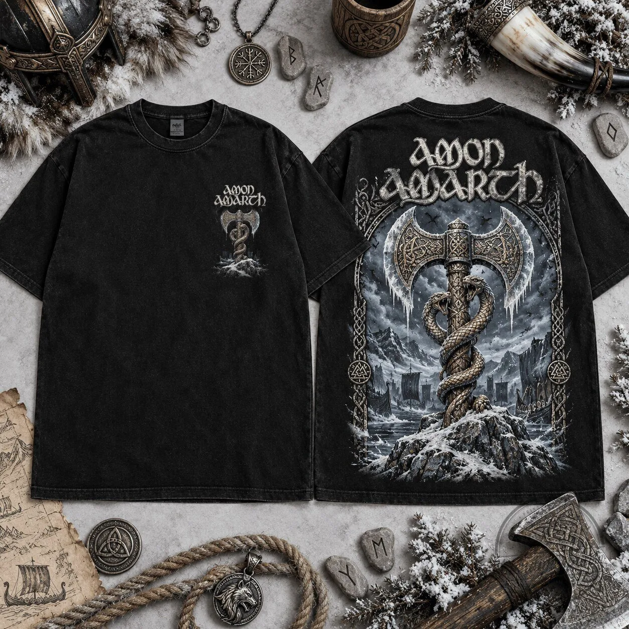 Amon Amarth Viking Battle Axe Twin Serpents Norse Mythology Black T-Shirt 1 Amon Amarth Viking Battle Axe Twin Serpents Norse Mythology Black T-Shirt
