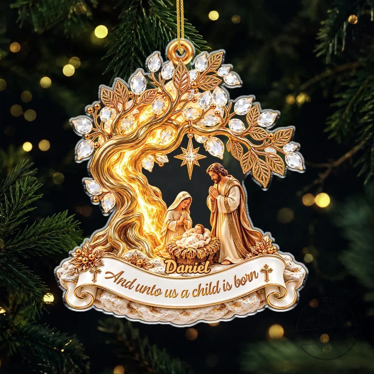 Personalized Nativity Scene Christmas Ornament - And Unto Us a Child Is Born