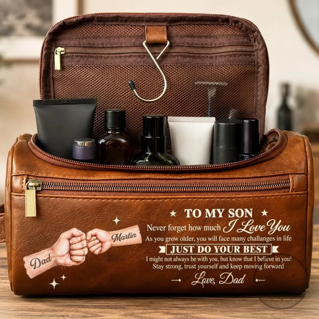 Personalized Father to Son Toiletry Bag - Custom Dad and Son Fist Bump Gift Personalized Father to Son Toiletry Bag - Custom Dad and Son Fist Bump Gift