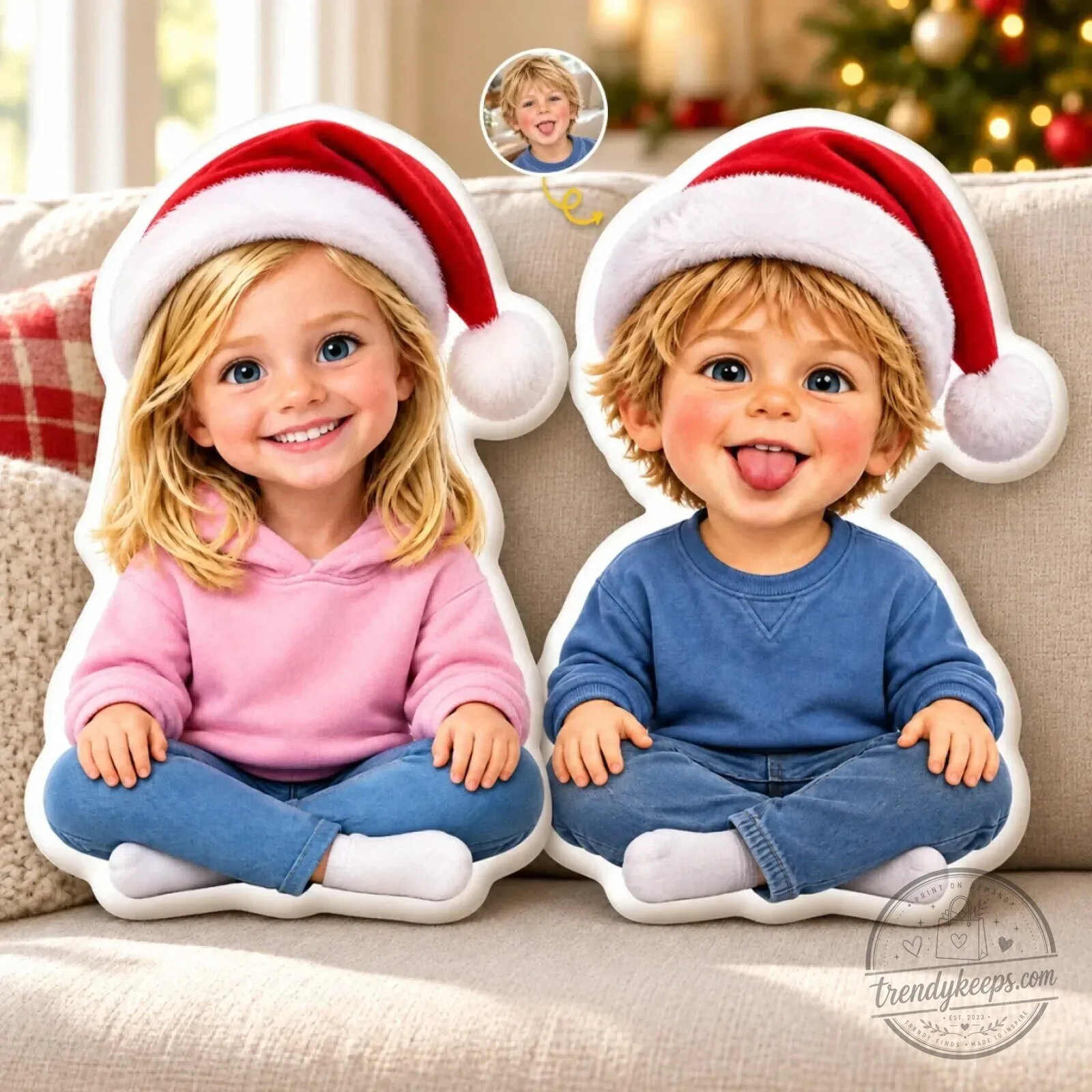 Personalized Kids Photo Christmas Santa Hat Shaped Pillow Custom Holiday Gift