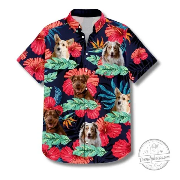 Personalized Dog Faces Custom Photo Tropical Hibiscus Hawaiian Shirt