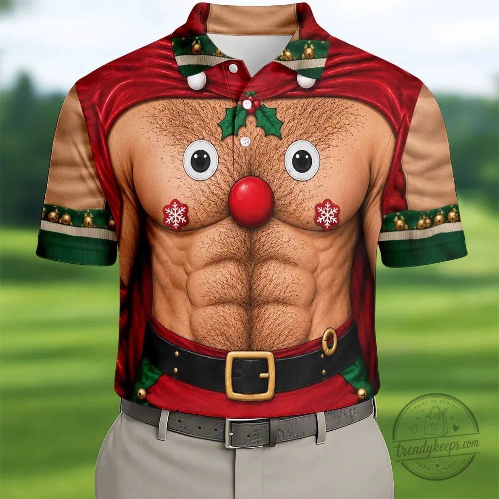 Funny Reindeer Hairy Chest Abs Christmas Holiday Polo Shirt for Men Funny Reindeer Hairy Chest Abs Christmas Holiday Polo Shirt for Men