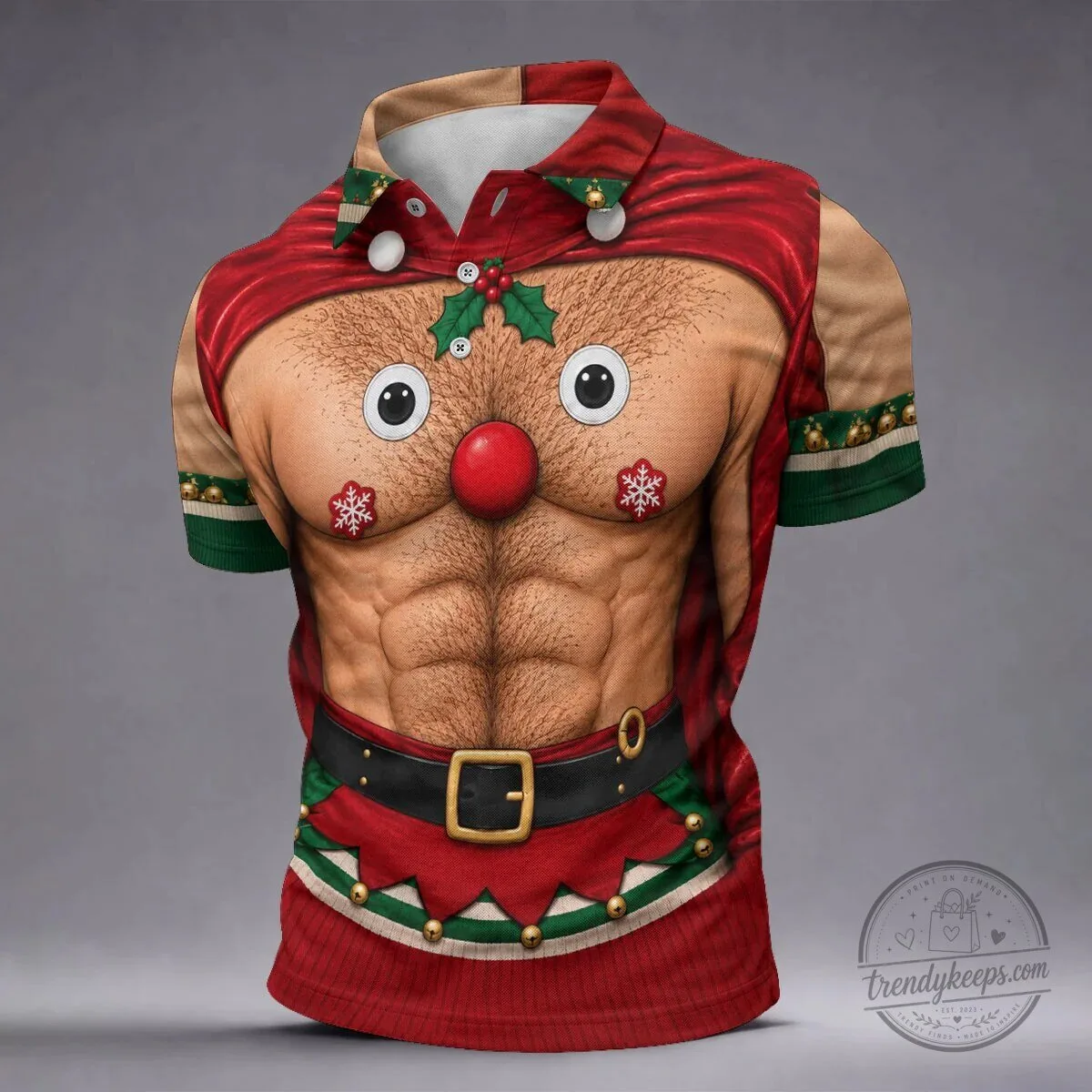 Funny Reindeer Hairy Chest Abs Christmas Holiday Polo Shirt for Men 14 Funny Reindeer Hairy Chest Abs Christmas Holiday Polo Shirt for Men