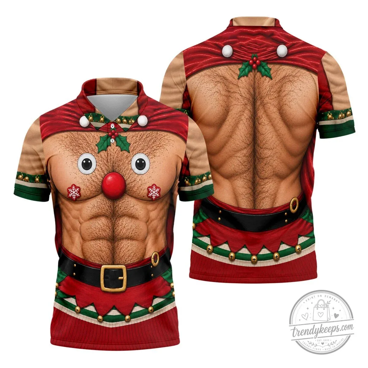 Funny Reindeer Hairy Chest Abs Christmas Holiday Polo Shirt for Men 22 Funny Reindeer Hairy Chest Abs Christmas Holiday Polo Shirt for Men