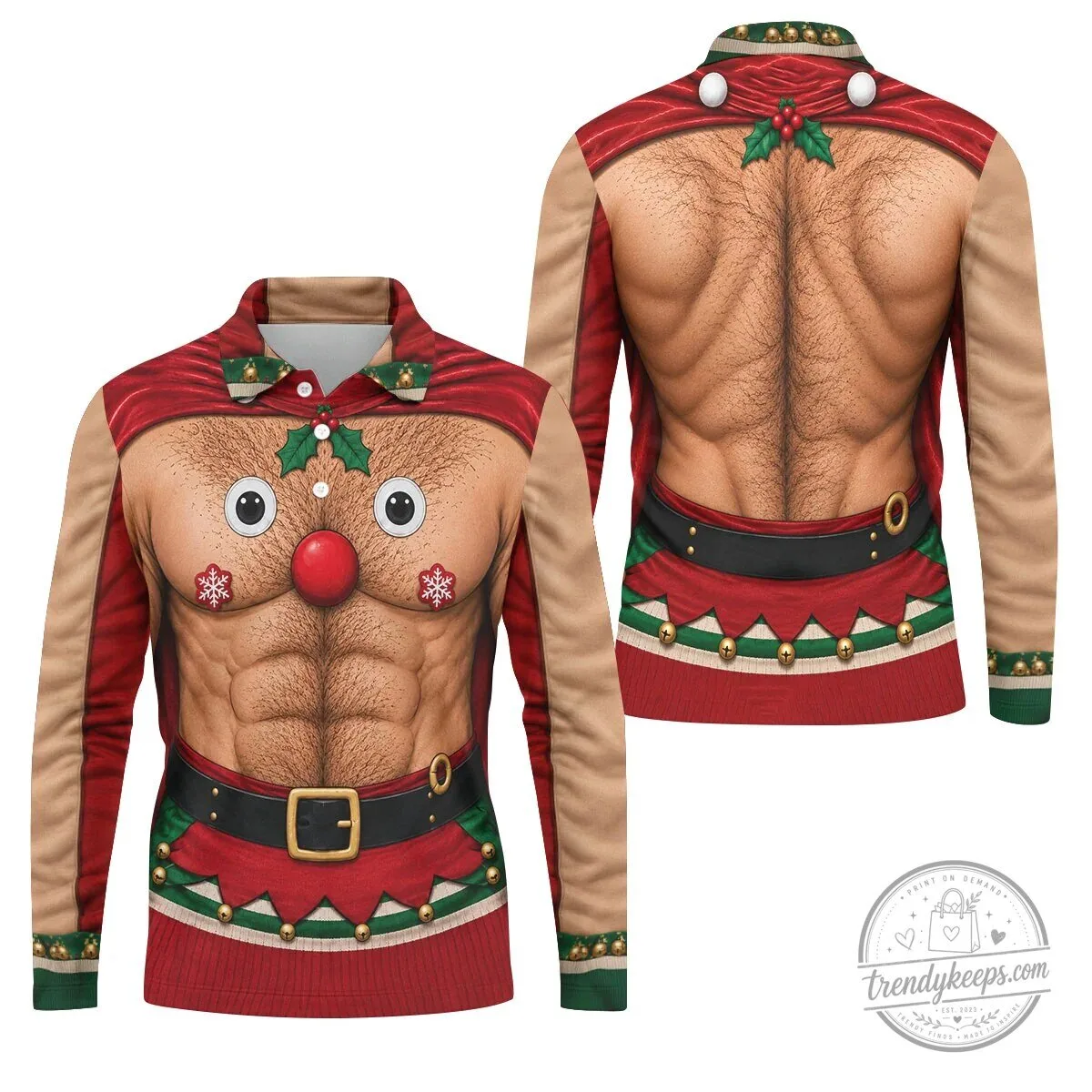 Funny Reindeer Hairy Chest Abs Christmas Holiday Polo Shirt for Men 24 Funny Reindeer Hairy Chest Abs Christmas Holiday Polo Shirt for Men