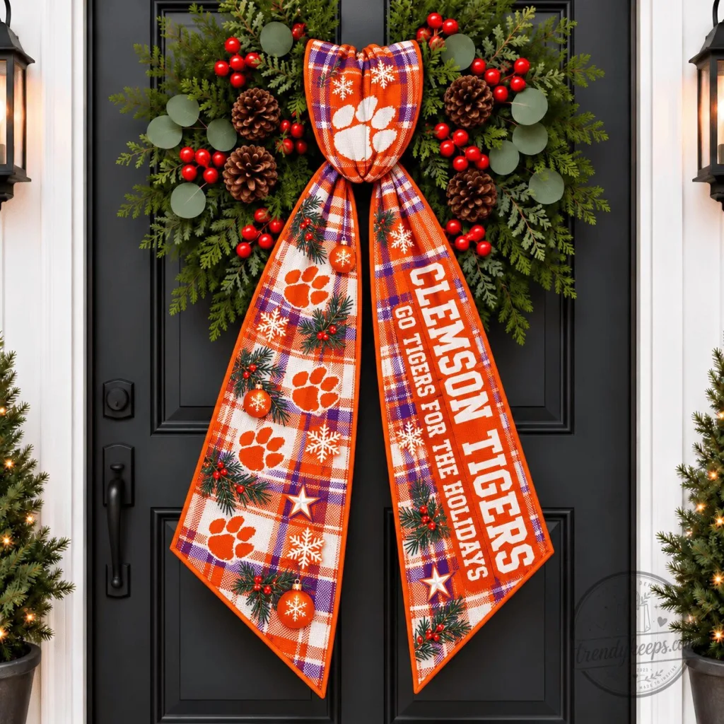 Clemson Tigers Christmas Plaid Holiday Wreath Sash for Front Door Decor Clemson Tigers Christmas Plaid Holiday Wreath Sash for Front Door Decor