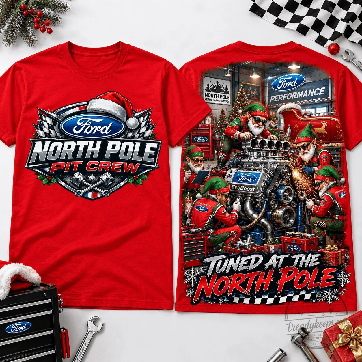 Ford Performance North Pole Pit Crew Christmas Elves Red T-Shirt