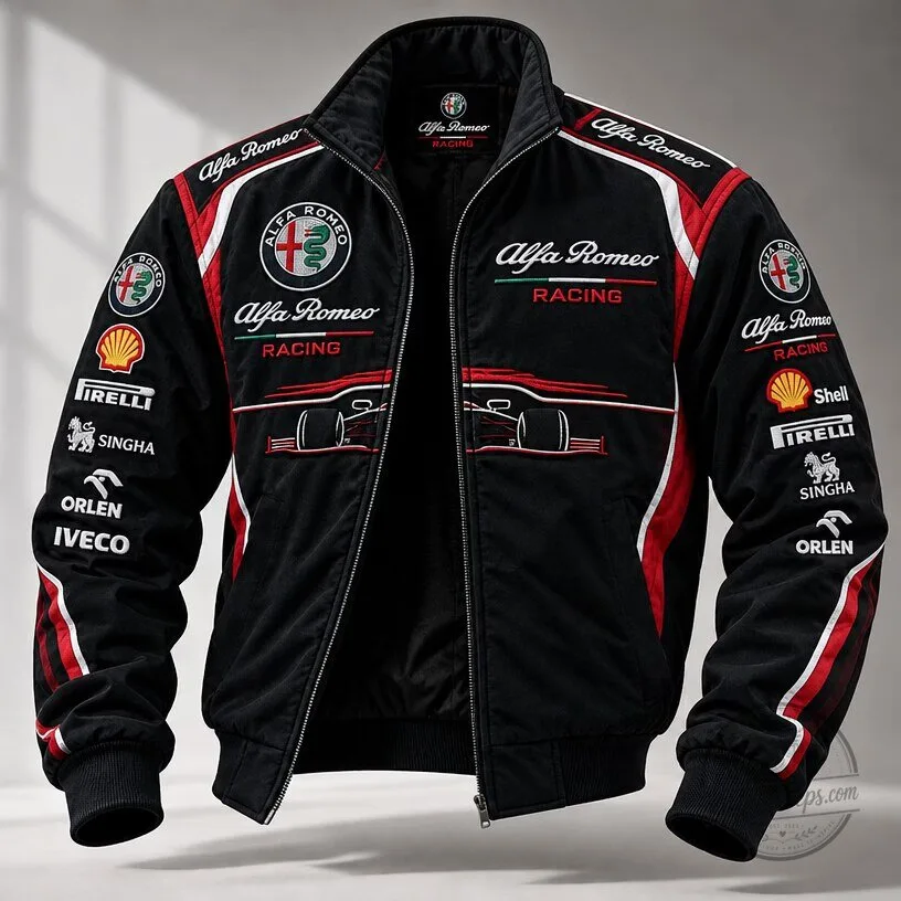 Alfa Romeo Racing Formula One Team Black Red White Bomber Jacket 1 Alfa Romeo Racing Formula One Team Black Red White Bomber Jacket