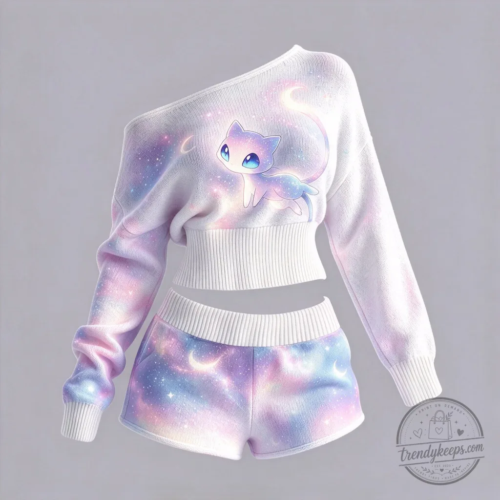 Mew Galaxy Print Off-Shoulder Sweatshirt and Shorts Pajama Set Mew Galaxy Print Off-Shoulder Sweatshirt and Shorts Pajama Set