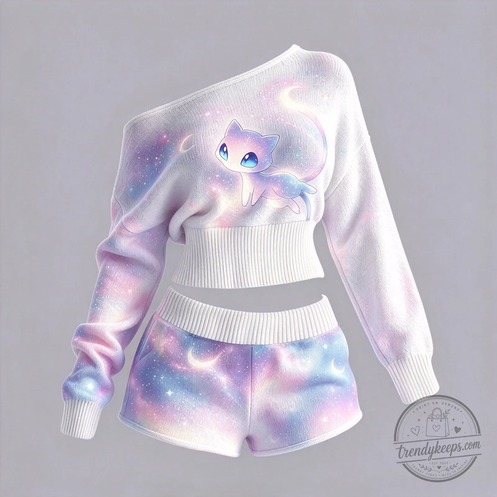 Mew Galaxy Print Off-Shoulder Sweatshirt and Shorts Pajama Set 1 Mew Galaxy Print Off-Shoulder Sweatshirt and Shorts Pajama Set