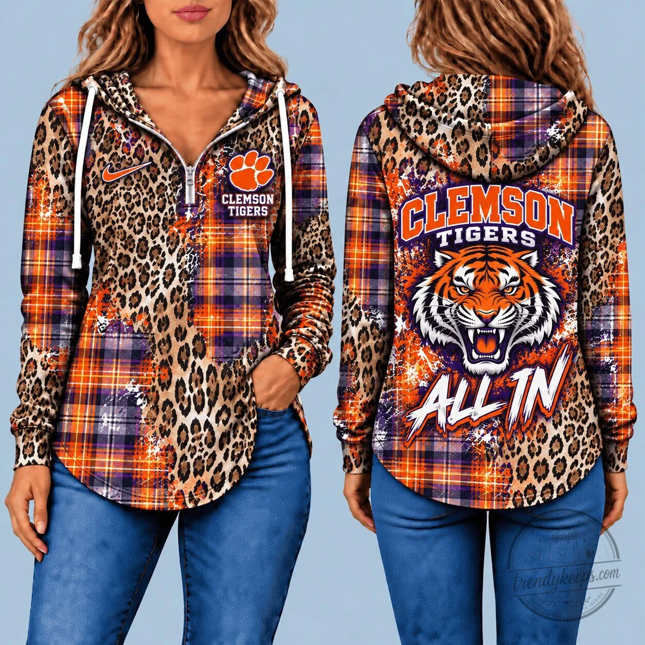 Clemson Tigers Leopard Plaid Half-Zip Pullover Hoodie