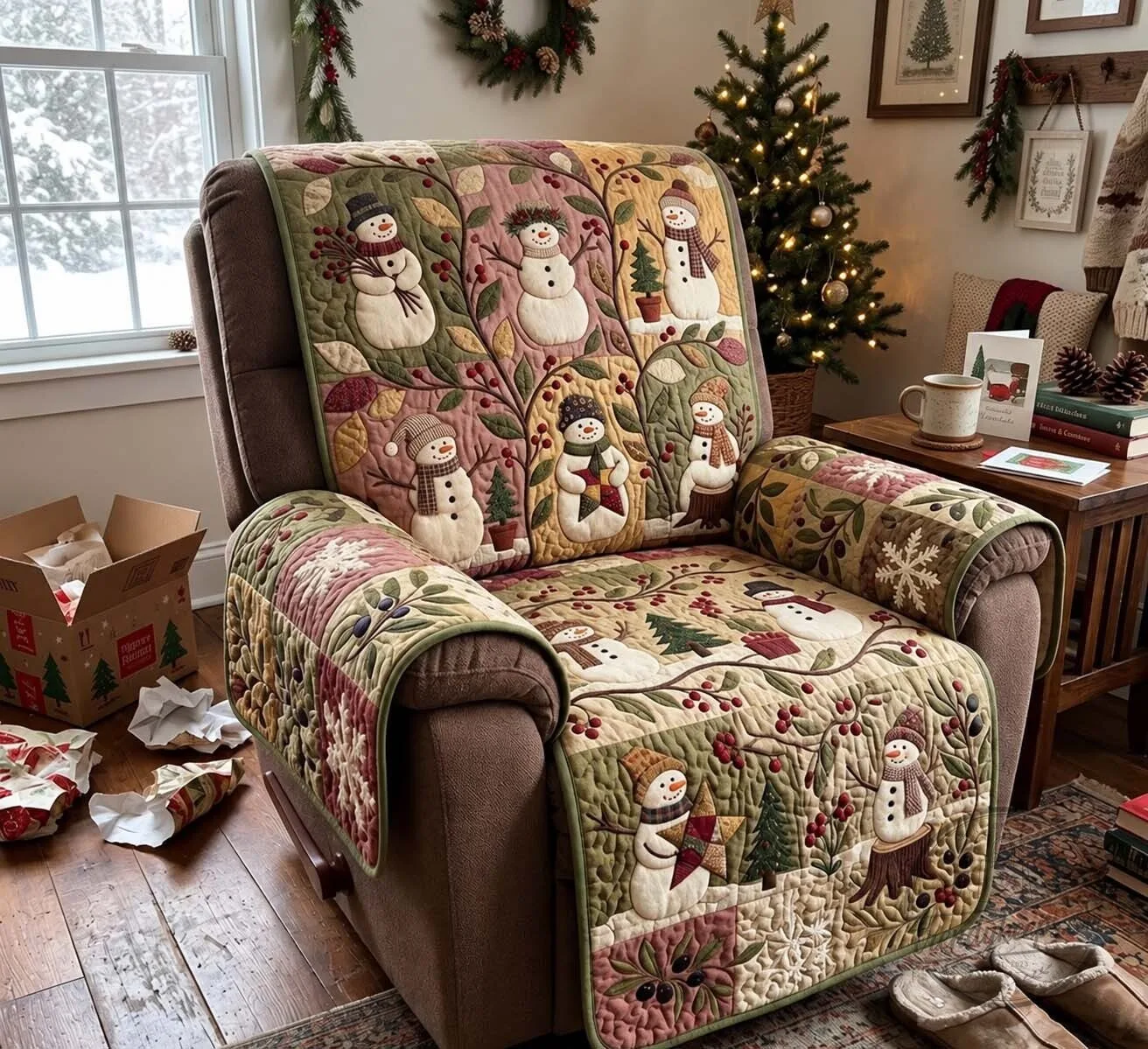 Winter Berry Snowmen Quilted Recliner Chair Cover Protector