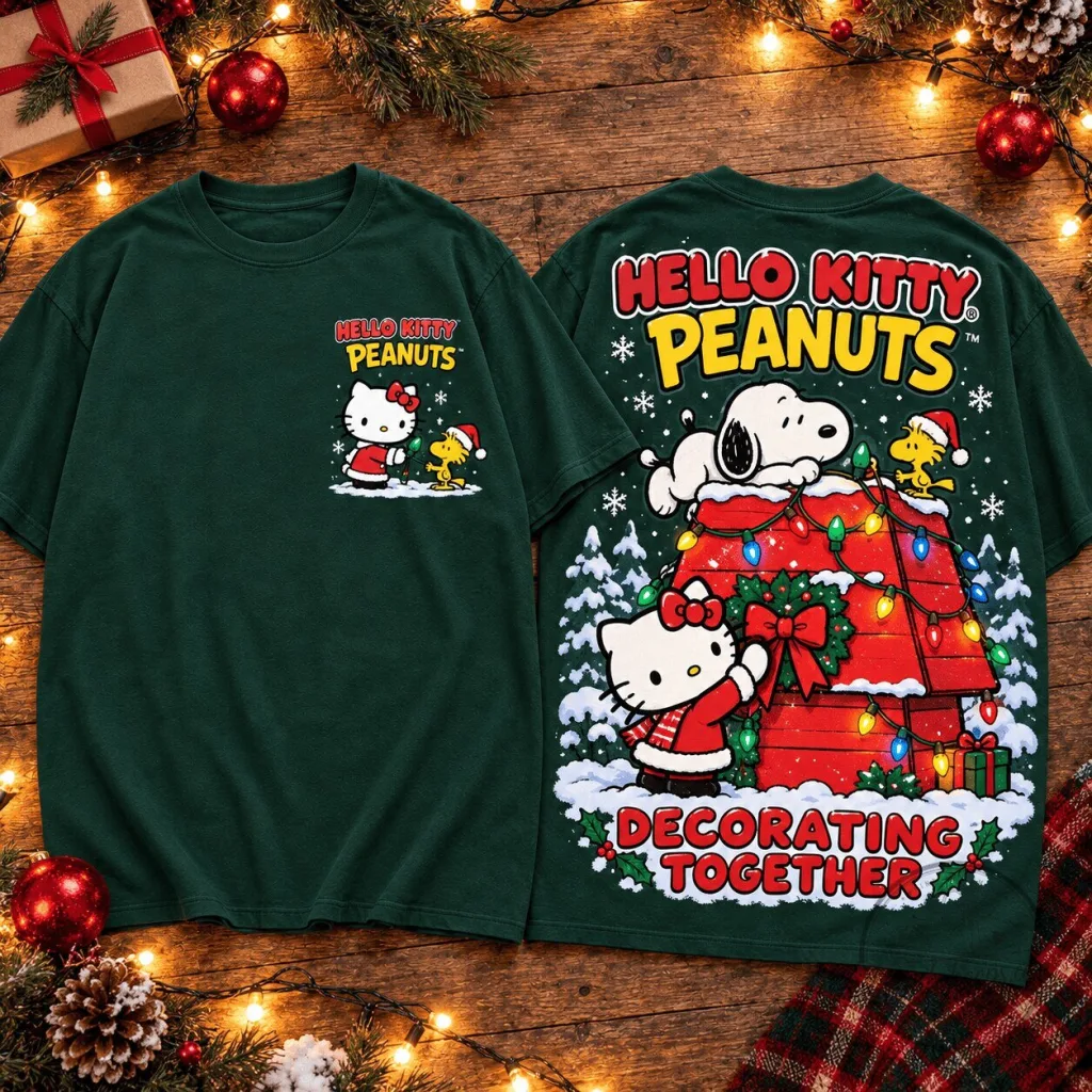 Hello Kitty Peanuts Decorating Together Christmas Holiday Graphic T-Shirt 37 Hello Kitty Peanuts Decorating Together Christmas Holiday Graphic T-Shirt