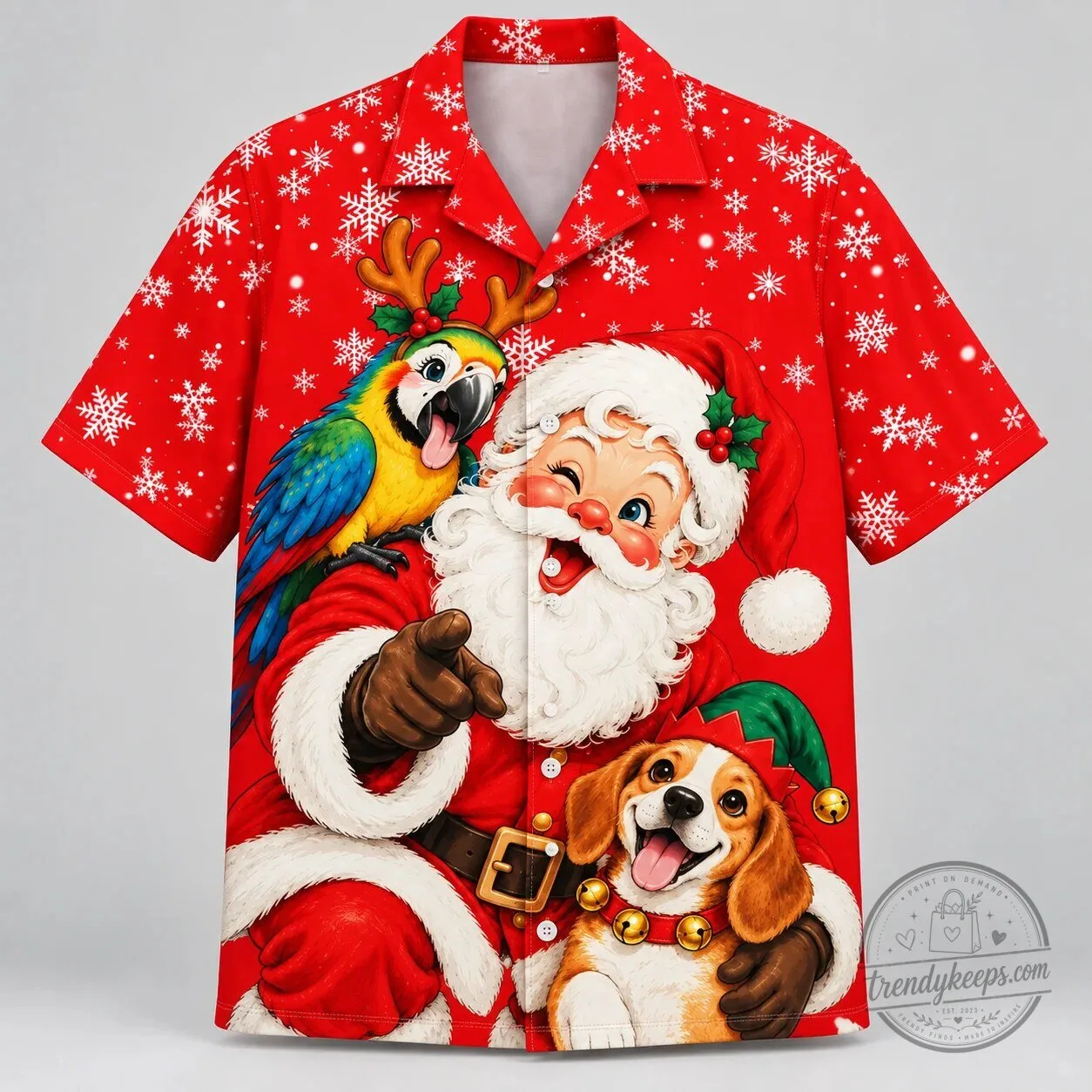 Festive Santa Claus, Macaw Parrot, and Beagle Dog Christmas Hawaiian Shirt