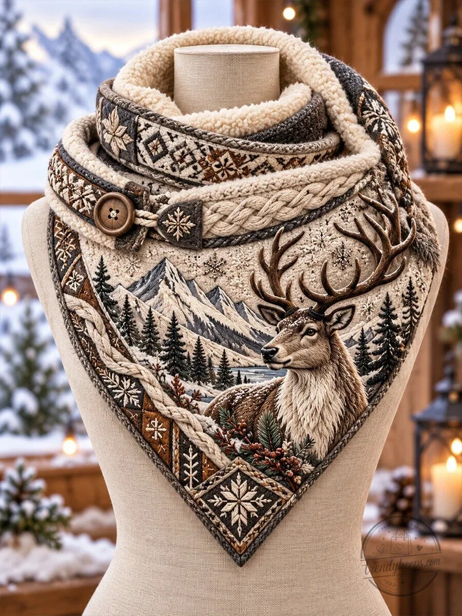 Winter Deer Mountain Landscape Nordic Knitted Button Scarf