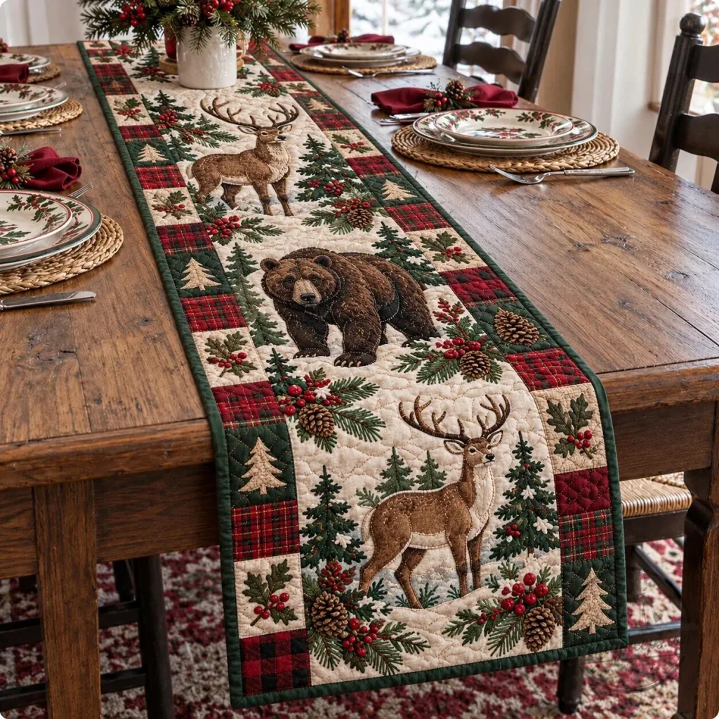 Rustic Woodland Christmas Deer and Bear Quilted Table Runner Rustic Woodland Christmas Deer and Bear Quilted Table Runner