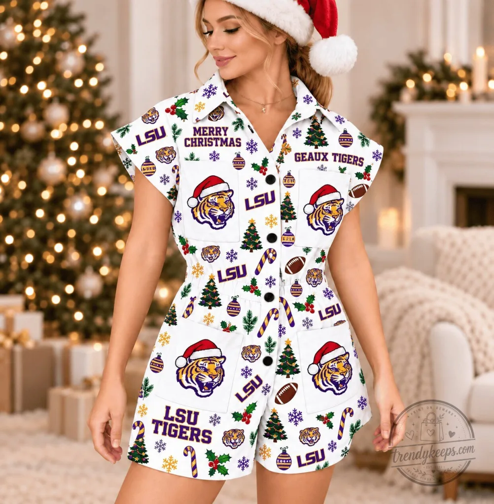 Duke Blue Devils Christmas Holiday Plaid Tablecloth Festive Table Cover 23 LSU Tigers Christmas Holiday Women's Button-Up Romper with Pockets
