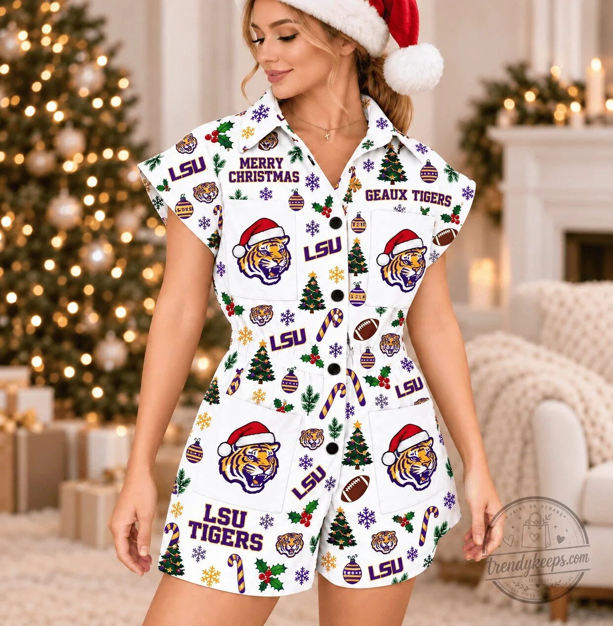 LSU Tigers Christmas Holiday Women's Button-Up Romper with Pockets 1 LSU Tigers Christmas Holiday Women