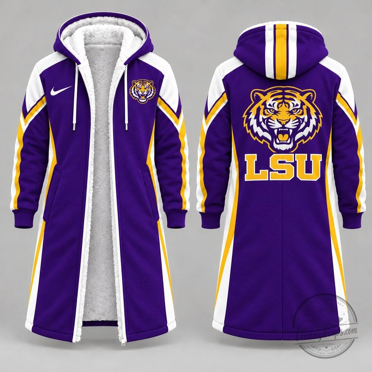 LSU Tigers NCAA Game Day Long Hooded Sherpa Fleece Winter Coat