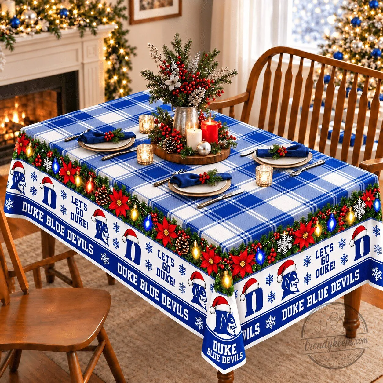 Duke Blue Devils Christmas Holiday Plaid Tablecloth Festive Table Cover