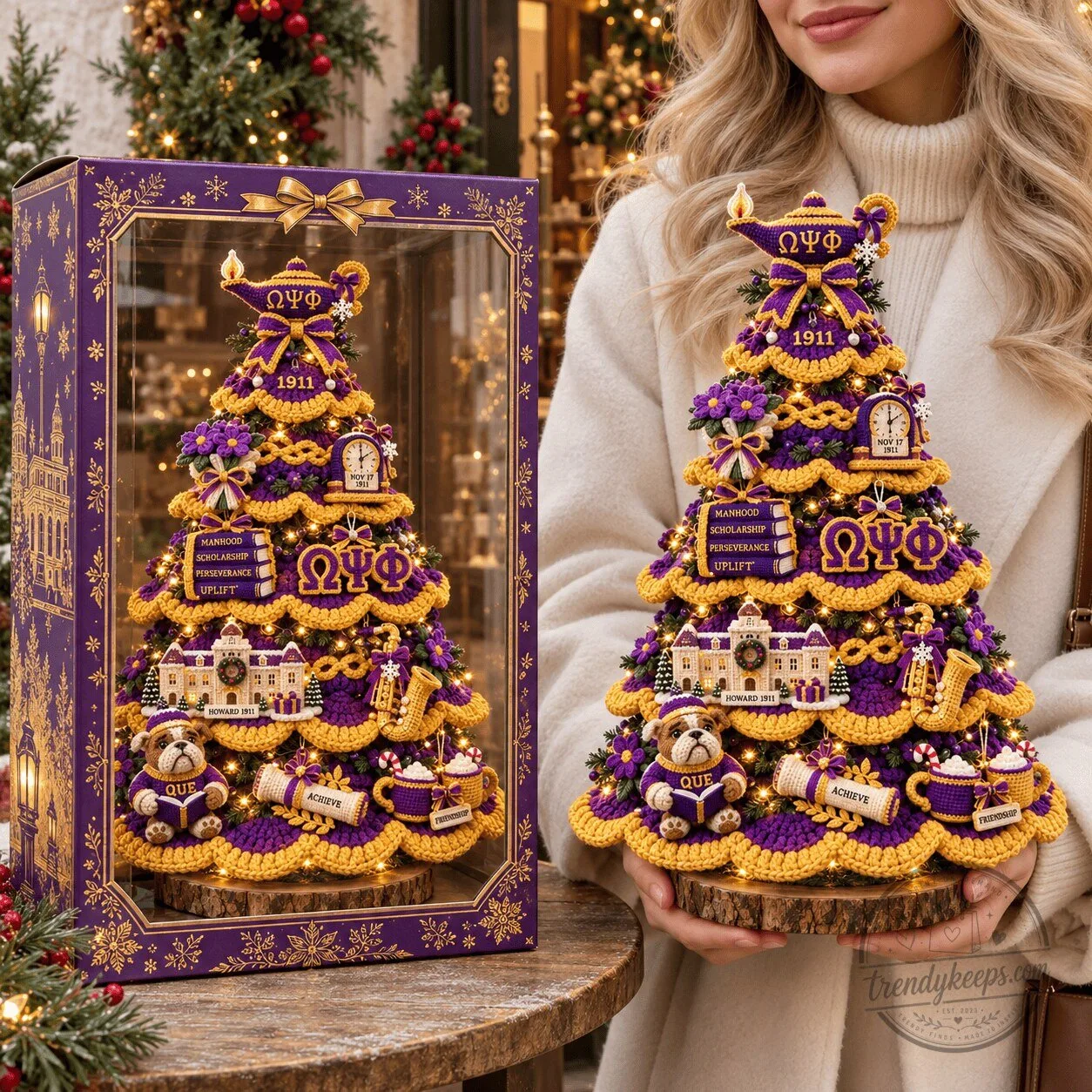Omega Psi Phi Fraternity Purple and Gold Decorative Christmas Tree