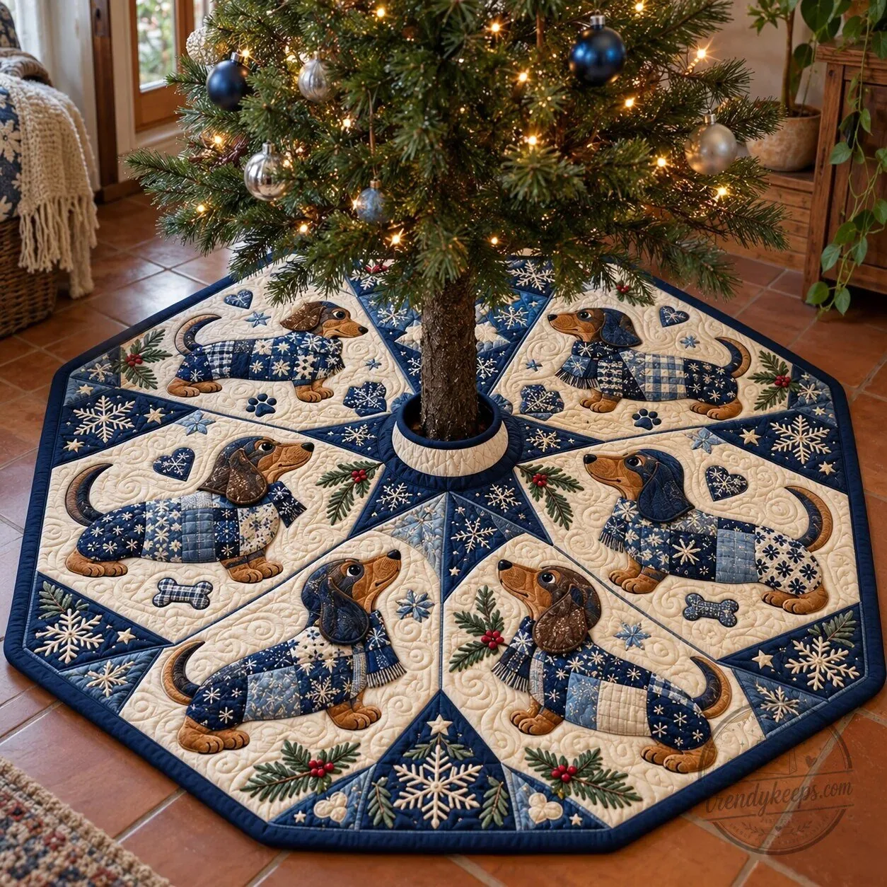Christmas Dachshund Dog Quilted Tree Skirt Holiday Decor