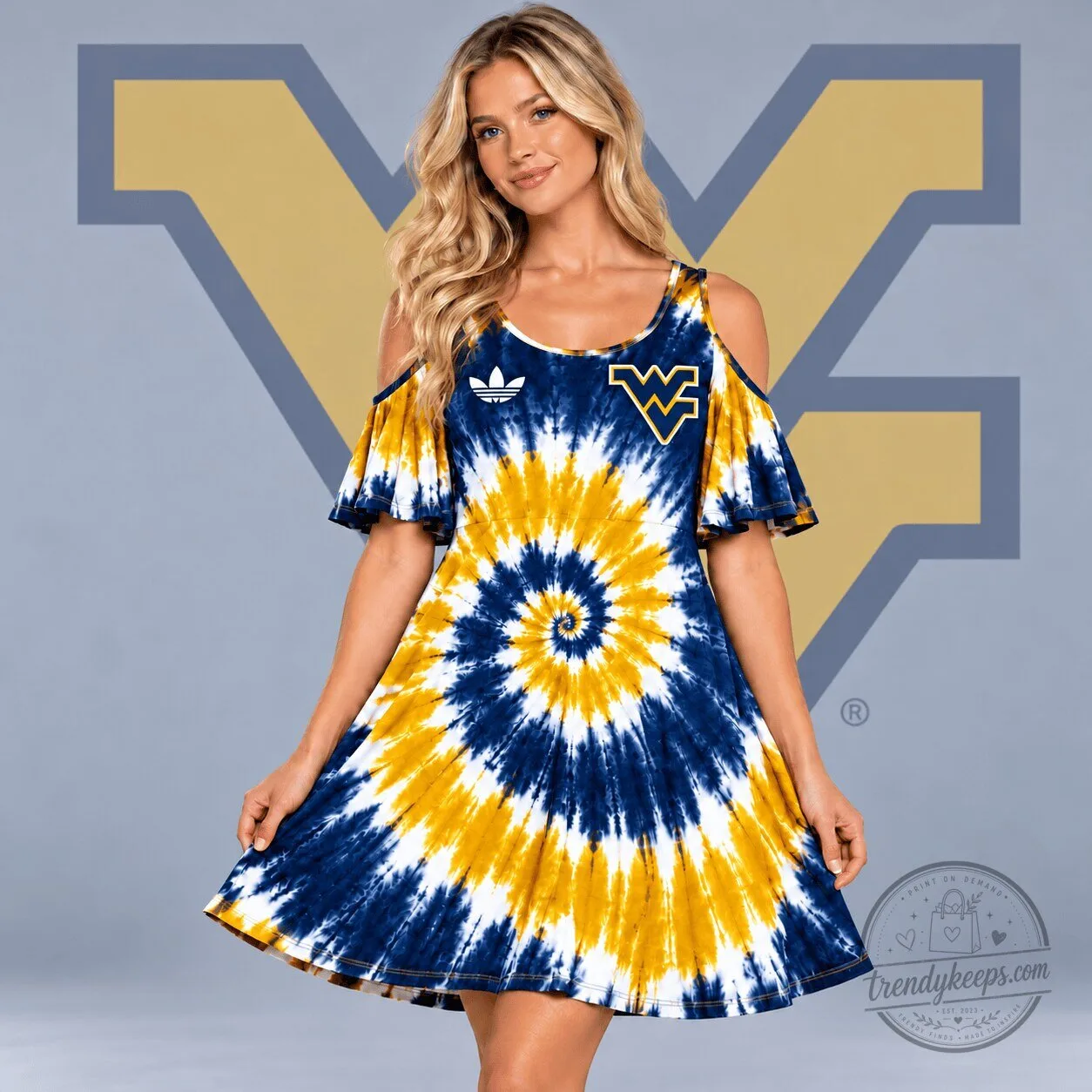 West Virginia Mountaineers Tie Dye Cold Shoulder Dress