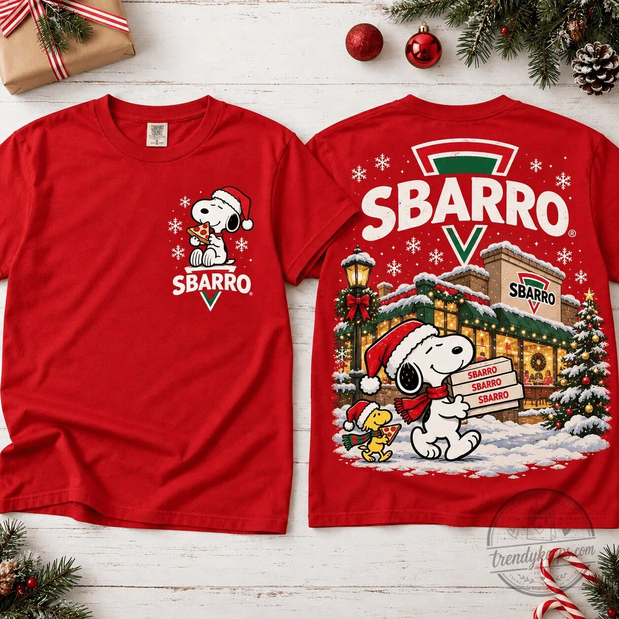 Snoopy Sbarro Pizza Christmas Holiday Winter Scene Red T-Shirt