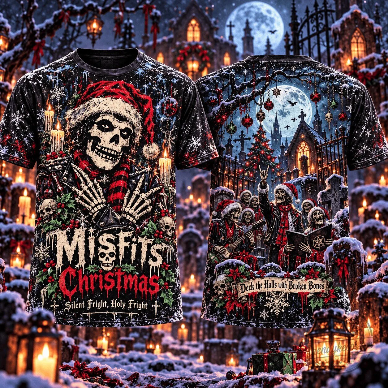 Misfits Christmas Silent Fright Holy Fright Skeleton Santa All Over Print T-Shirt