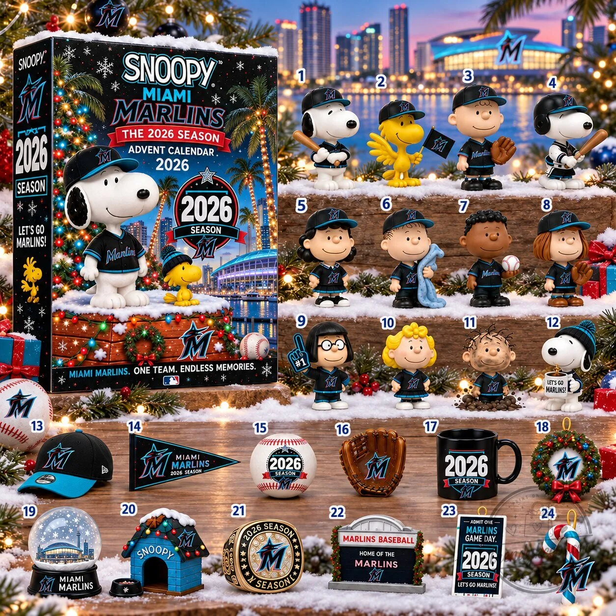 Miami Marlins Snoopy Peanuts 2026 Season Baseball Advent Calendar 2D