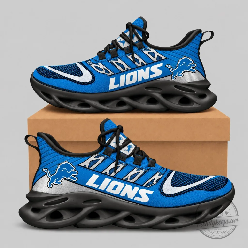 Detroit Lions NFL Swoosh Wordmark Wave Sole Blue and Silver Sneakers Detroit Lions NFL Swoosh Wordmark Wave Sole Blue and Silver Sneakers