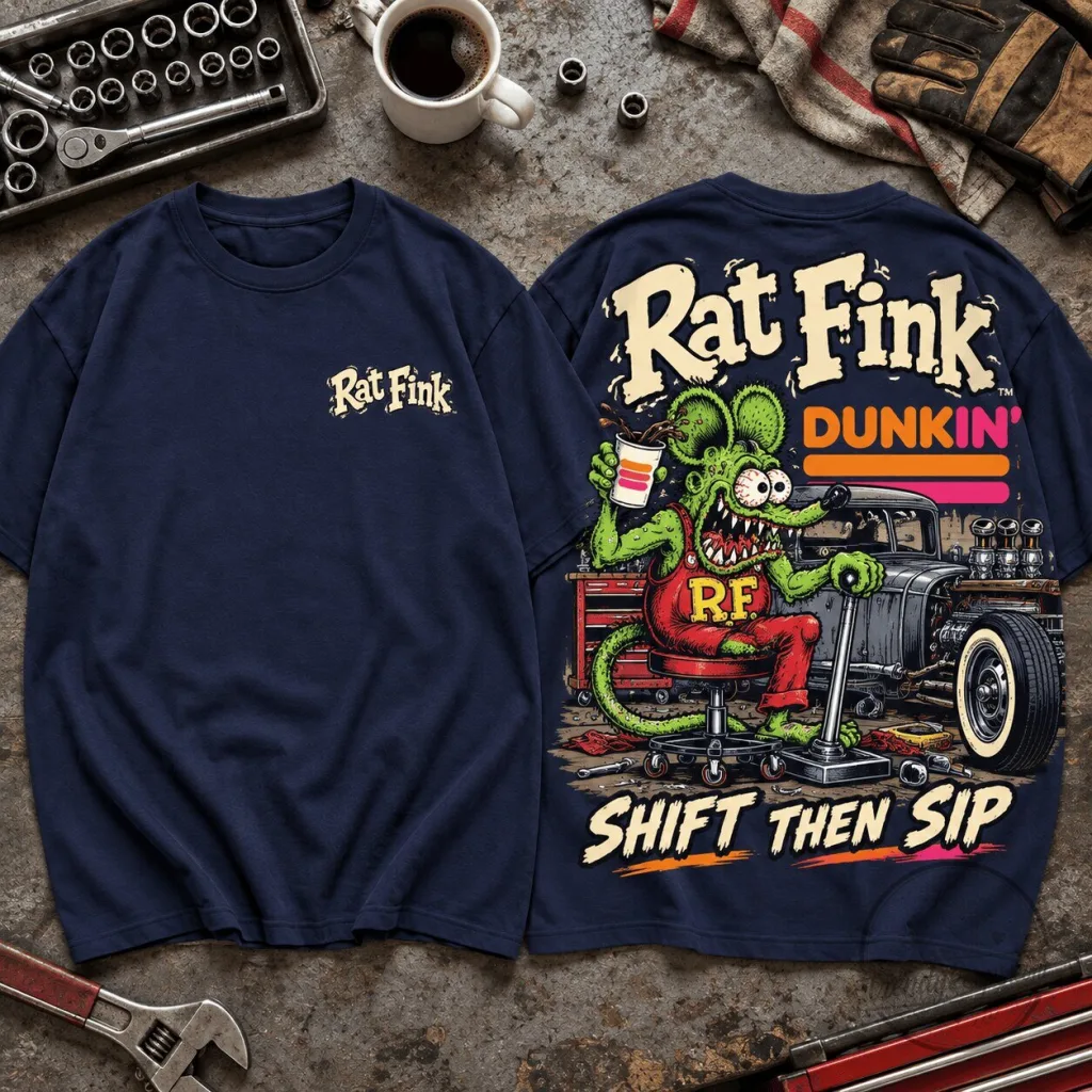 Rat Fink Dunkin' Donuts Hot Rod Garage Shift Then Sip Graphic T-Shirt Rat Fink Dunkin' Donuts Hot Rod Garage Shift Then Sip Graphic T-Shirt